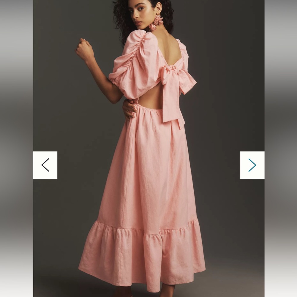 Pink Midi Sundress with Sweetheart Neckline and Puff Sleeves - Picture 2 of 4